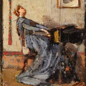 Giovanni Boldini (1842-1931) - Leopolda Banti alla spinetta - olio su tavola applicata su cartone