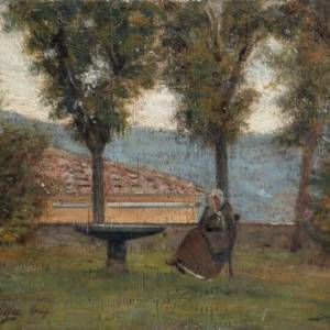 Silvestro Lega (1826-1895) - Signora in marrone, seduta nel giardino, 1864 - olio su tavola